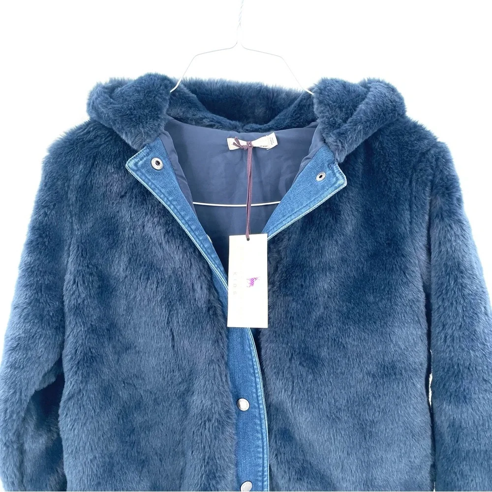 Stella McCartney Kids NWT Treasure Faux Fur Hooded Blue Denim Button Front Coat